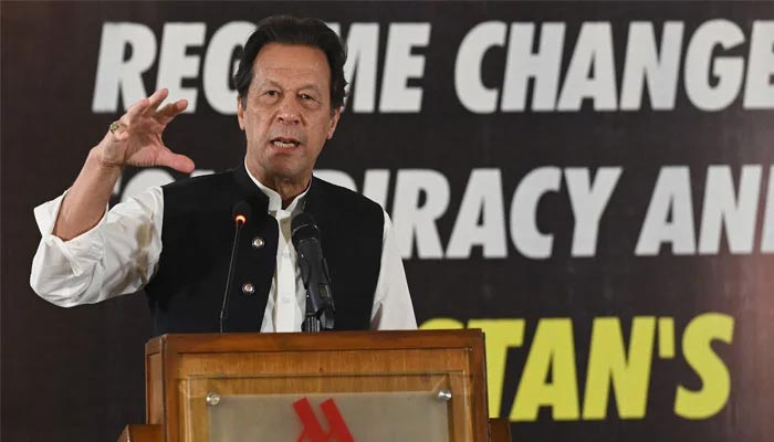 Former prime minister Imran Khan addressing a seminar at a local hotel in Islamabad. — AFP/File