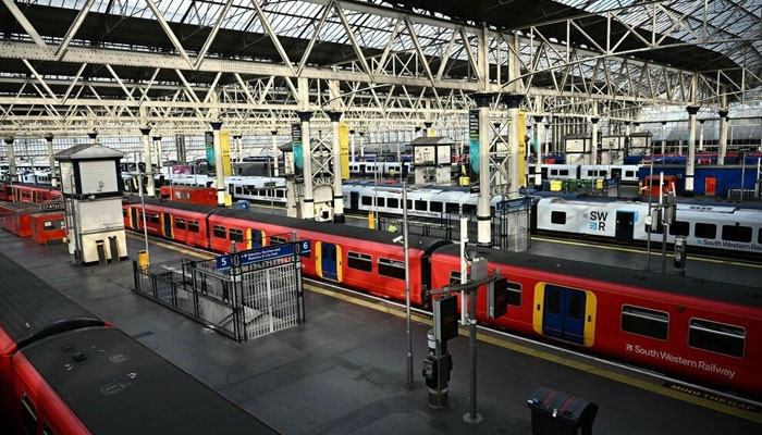 Empty platforms and trains at Waterloo Station during this weeks strike action. Photo: AFP