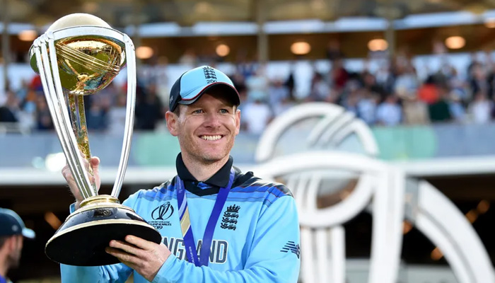 Englands one-day captain Morgan lifts the 2019 Cricket World Cup trophy at Lords. Picture ECB
