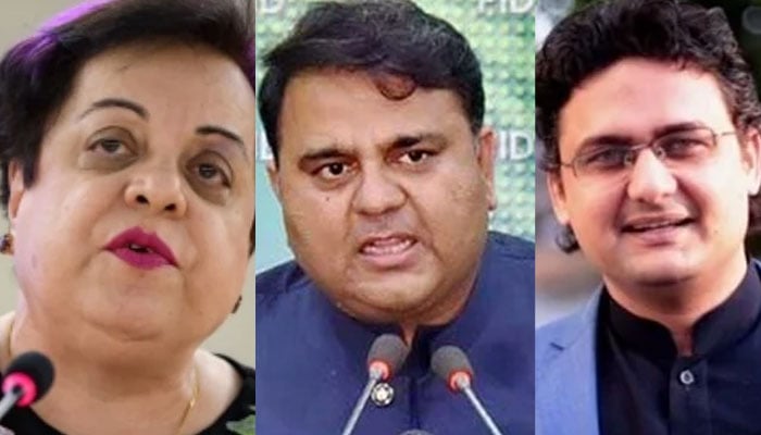 (From L-R) PTI leaders Shireen Mazari, Fawad Chaudhry and Faisal Javed Khan. — AFP/PID/Twitter/File