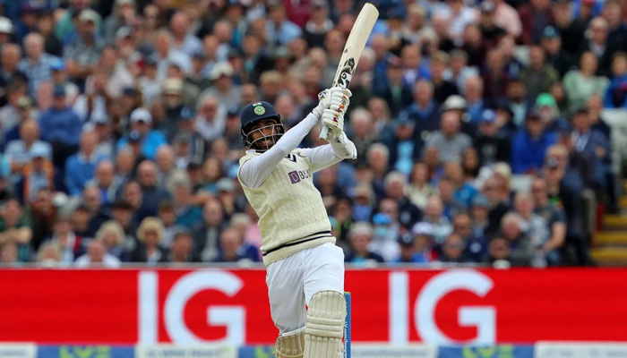 Jasprit Bumrah hits one during the over in which Stuart Broad conceded 35, England vs India, 5th Test, Birmingham, 2nd day, July 2, 2022. -AFP