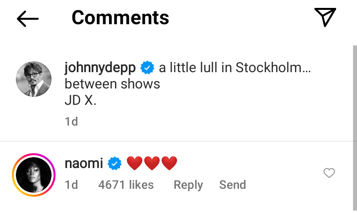 Johnny Depp receives love from Naomi Campbell