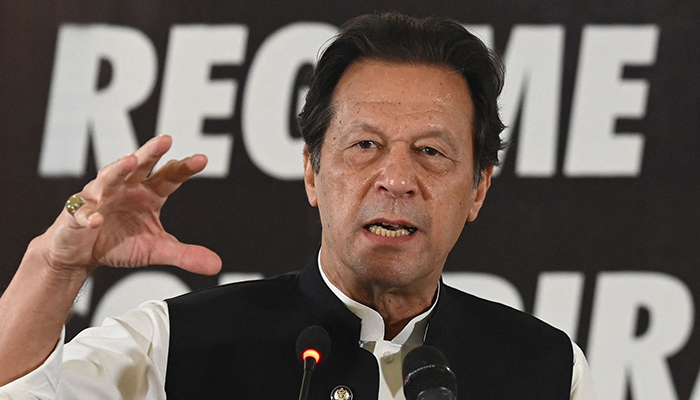 Ousted prime minister Imran Khan addresses an event on Regime Change Conspiracy and Pakistan’s Destabilisation in Islamabad, on June 22, 2022. — AFP