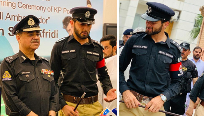 Shaheen Shah Afridi after being appointed as a goodwill ambassador of the KP police department. Photo: Twitter