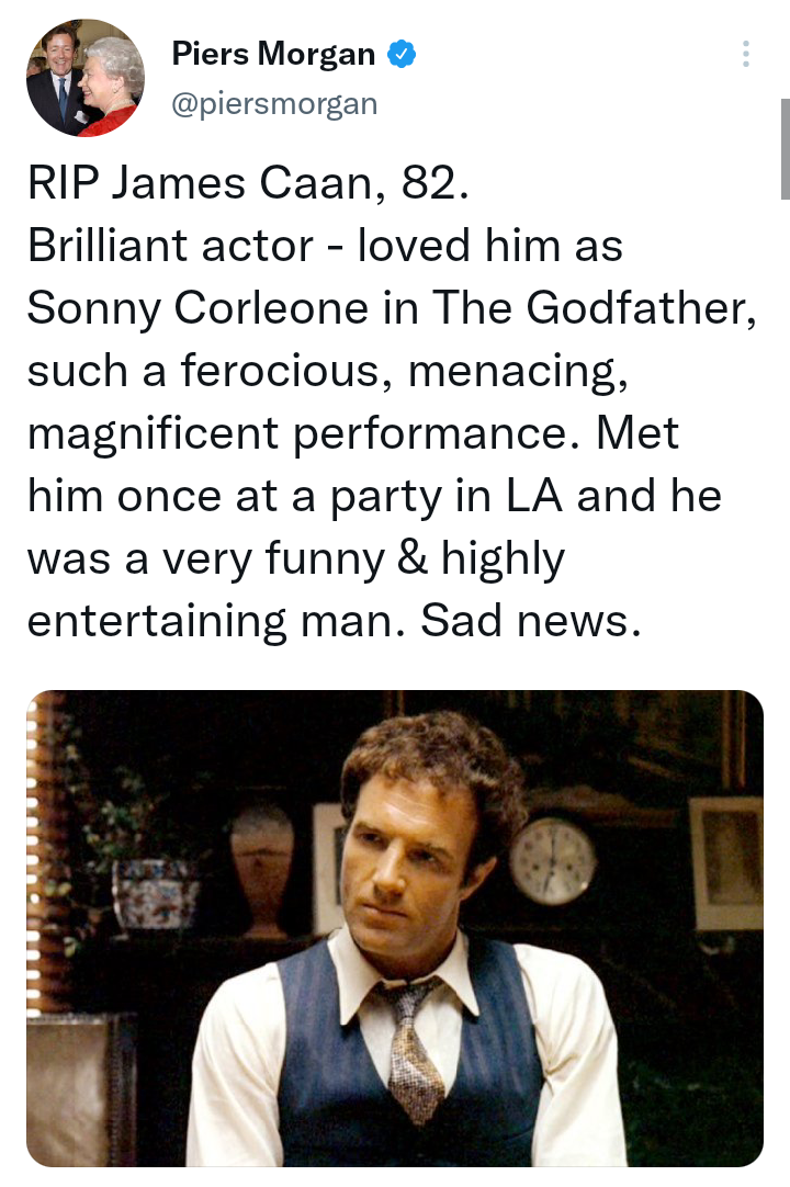 Piers Morgan mourns the death of Godfather actor James Caan