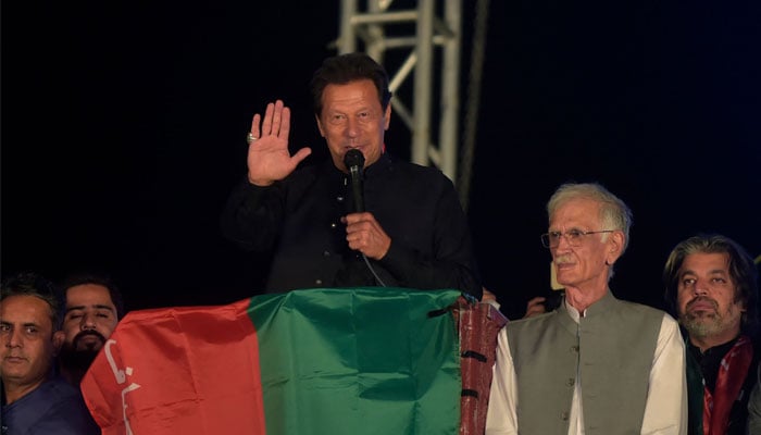 PTI chairman Imran Khan addressing a PTI gathering. — AFP/File