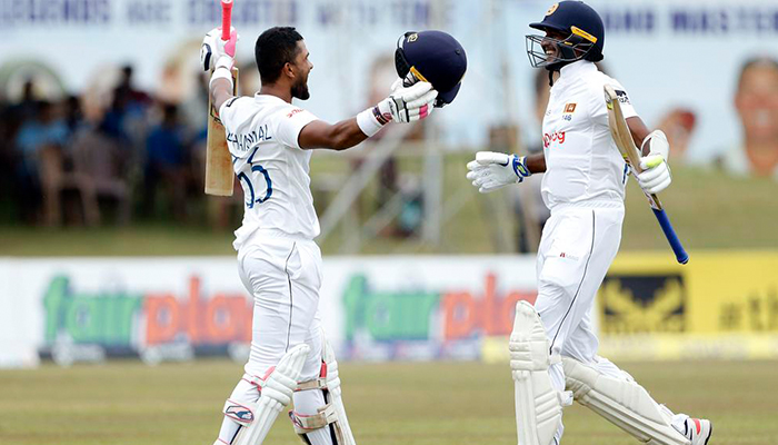 Dinesh Chandimal celebrates after smashing a double century at the Galle International Cricket Stadium in Galle on July 11, 2022. — Twitter/Sri Lanka Cricket Board