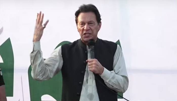 PTI Chairman Imran Khan addressing a jalsa ahead of the July 17 by-poll in Punjab, on July 11, 2022. — YouTube/HumNewsLive