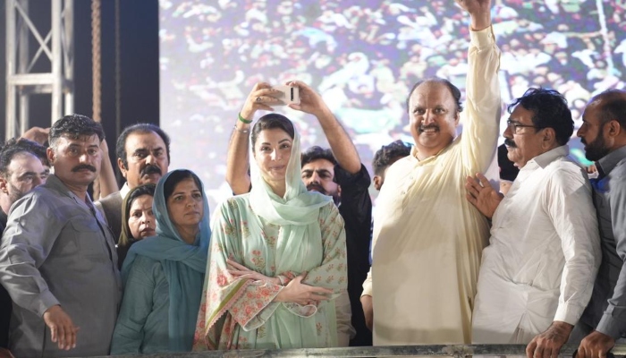 PML-N Vice Maryam Nawaz addressing a public gathering in Punjabs constituency PP-202 on July 11, 2022. — Twitter/@pmln_org