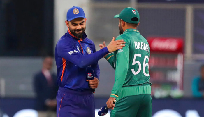 Former Indian skipper Virat Kohli and Pakistan captain Babar Azam after the toss in the T20 World Cup.