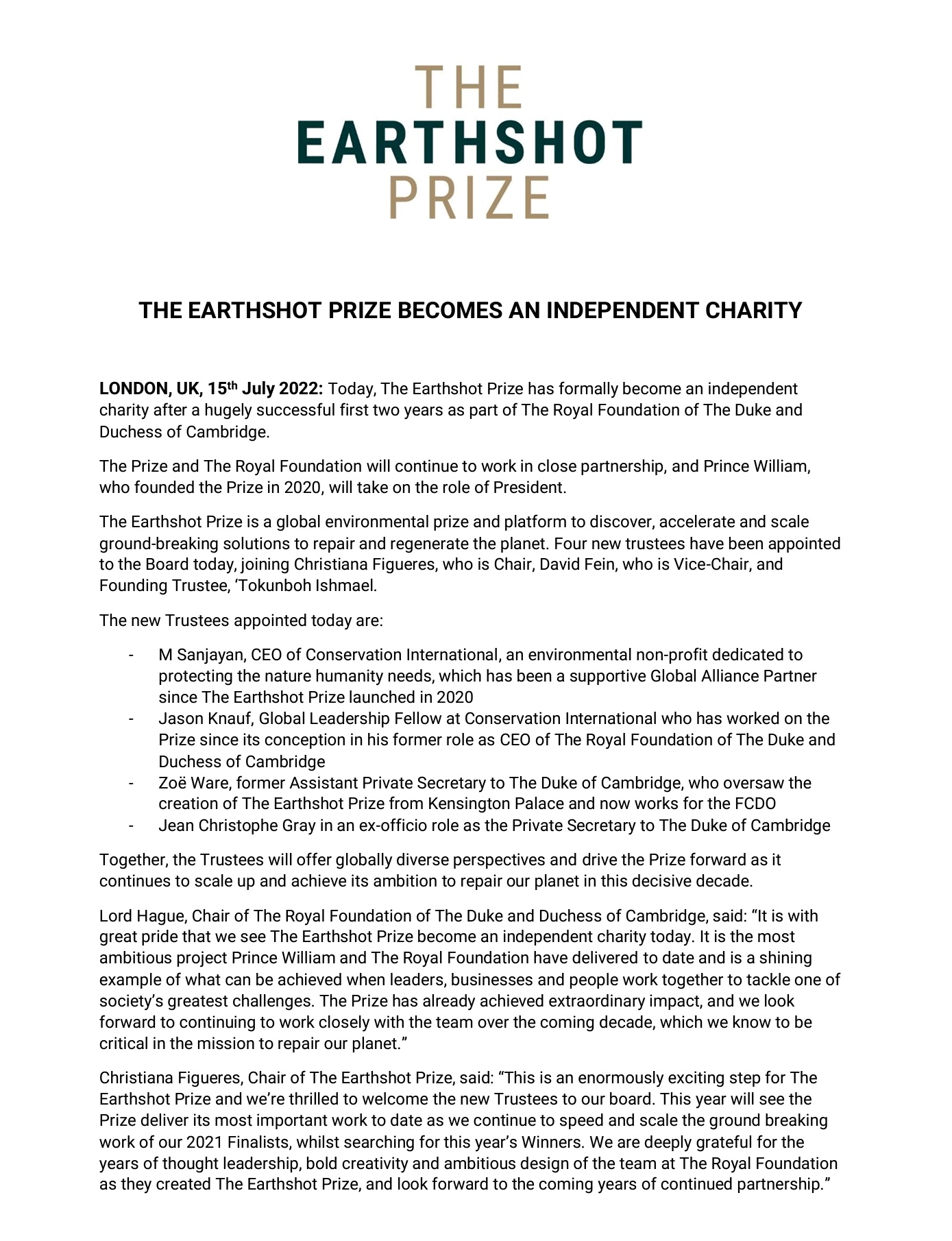 Kensington Palace says Williams Earthshot Prize is an independent charity