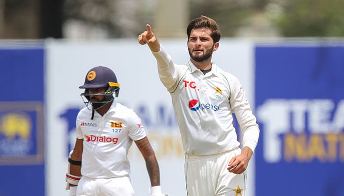 Shaheen Shah Afridi celebrating wicket on day 1 of the opening Test against Sri Lanka - Sri Lanka Cricket