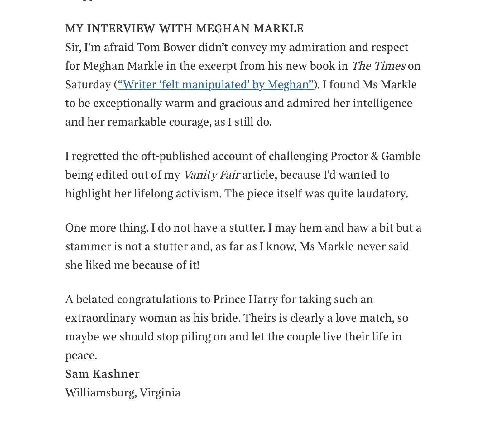 Full text of journalist Sam Kashners letter defending Meghan Markle
