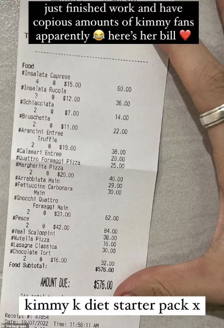 Kim Kardashian accumule une facture de 576 $ dans un restaurant en Australie