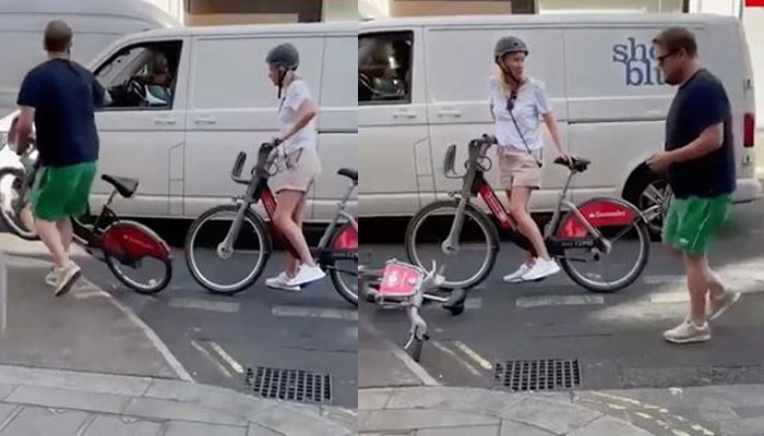 James Corden falls off his cycle after an accident involving another cyclist