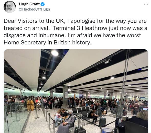 Hugh Grant criticises UK Home Secretary over ‘inhumane’ immigration queue