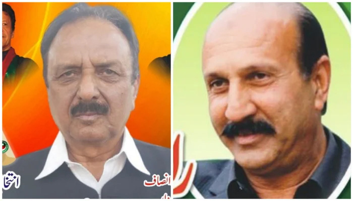 The combo shows PTI candidate Mohammad Shabbir Awan (L) and PML-Ns candidate for PP-7 Rawalpindi Raja Sagheer Ahmed (R).