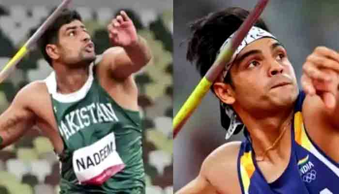 The combo shows Pakistan Arshad Nadeem (L) and Indian athlete Neeraj Chopra.