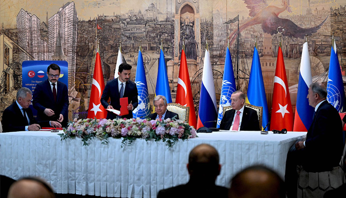 Russian Defence Minister Sergei Shoigu (L), United Nations (UN) Secretary-General Antonio Guterres (C), Turkish President Recep Tayyip Erdogan (2R) and Turkish Defence Minister Hulusi Akar (R) attend a signature ceremony of an initiative on the safe transportation of grain and foodstuffs from Ukrainian ports, in Istanbul, on July 22, 2022.-AFP