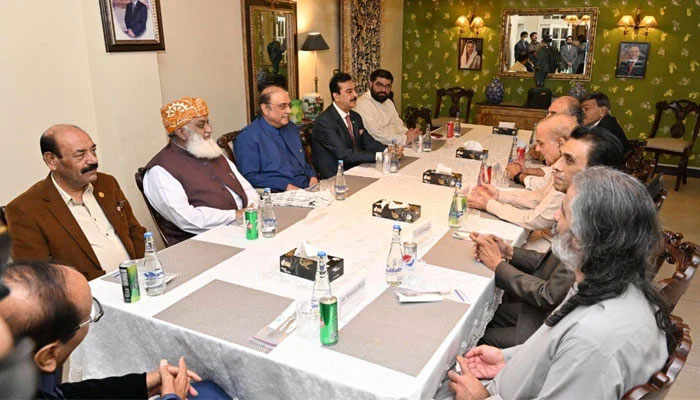Prime Minister Shahbaz Sharif, PPP Co-chairman Asif Ali Zardari, JUI-F chief Fazal-ur-Rehman, MQM-P convener Khalid Maqbool Siddiqui and other heads of the coalition parties attend a meeting. Photo: Geo News/file