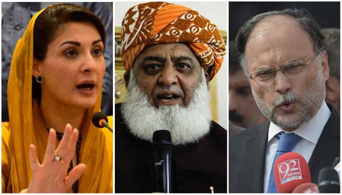 PML-N Vice President Maryam Nawaz (L), PDM Chief Maulana Fazlur Rehman, and PML-N leader Ahsan Iqbal. — AFP/File