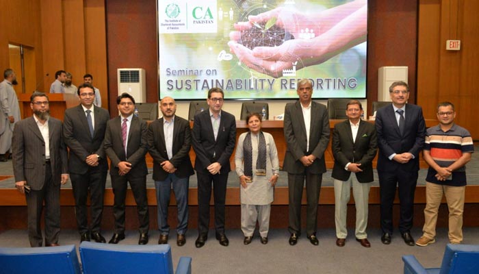 A group photo of key note speakers of the seminar on sustainability reporting organised by the Accounting Standards Board (ASB) of the Institute of Chartered Accountants of Pakistan. — ICAP