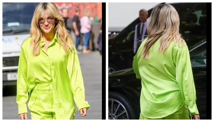 Ashley Roberts looks effortlessly chic in neon green silk co-ord