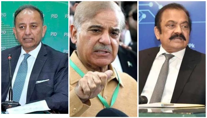 State Minister for Petroleum Mussadiq Malik (L), Prime Minister Shehbaz Sharif (C) and Interior Minister Rana Sanaullah. — PID/AFP/File