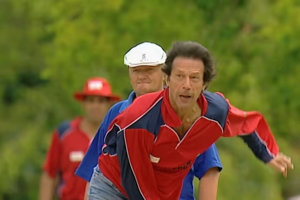 Screengrab of Imran Khan in 2012 bowling at the Wootton T20 Cricket Cup event at Arif Naqvi’s house in Oxfordshire. Courtesy Financial Times