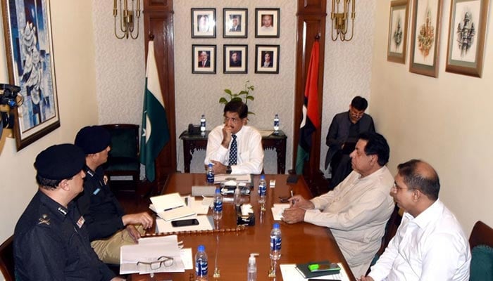 Chief Minister of Sindh Murad Ali Shah presides over a meeting on law and order at CM House. — CM House