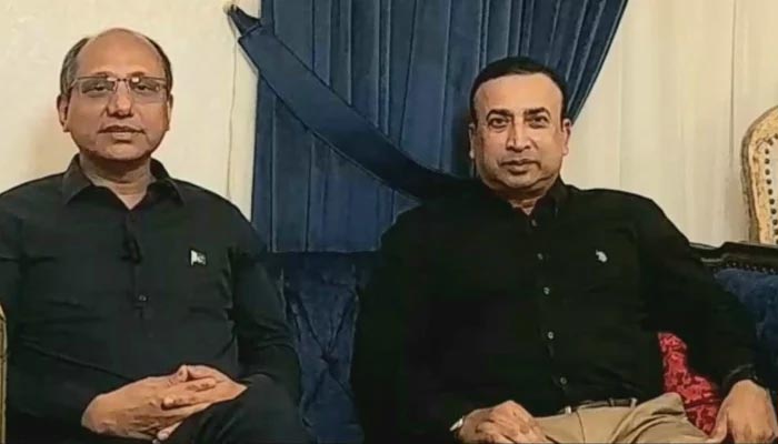 Sindh Labour and Human Resources Minister Saeed Ghani (L) and PPP leader Danish Khan speaking during a video message in Karachi. — Provided/File