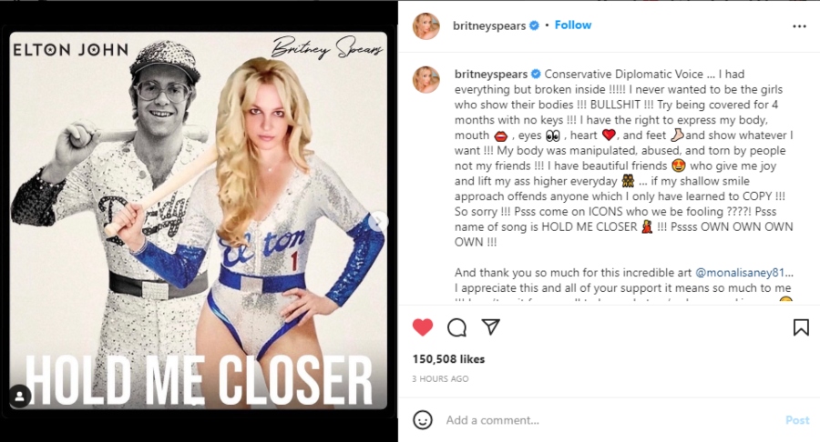 Britney Spears promotes upcoming collab with Sir Elton John amid her ex-husband’s criticism
