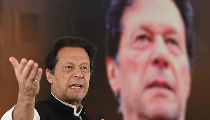 Ousted Pakistan´s prime minister Imran Khan addresses an event on Regime Change Conspiracy and Pakistans Destabilisation in Islamabad. — AFP/File