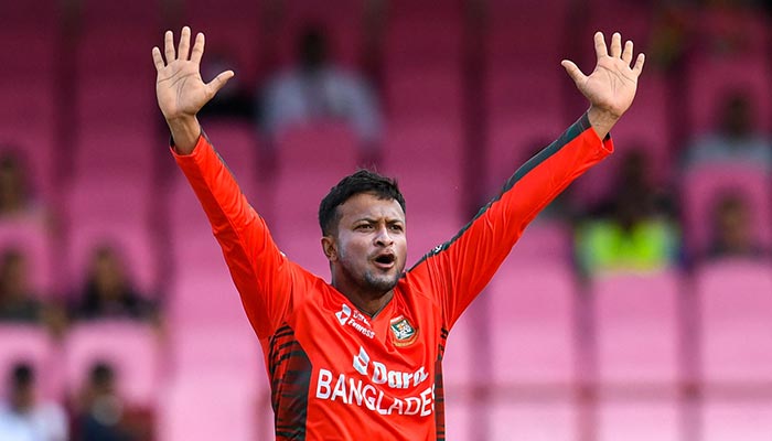 Shakib Al Hasan of Bangladesh celebrates the dismissal of Odean Smith of West Indies during the third and final T20 International match between West Indies and Bangladesh at Guyana National Stadium in Providence, Guyana. — AFP/File