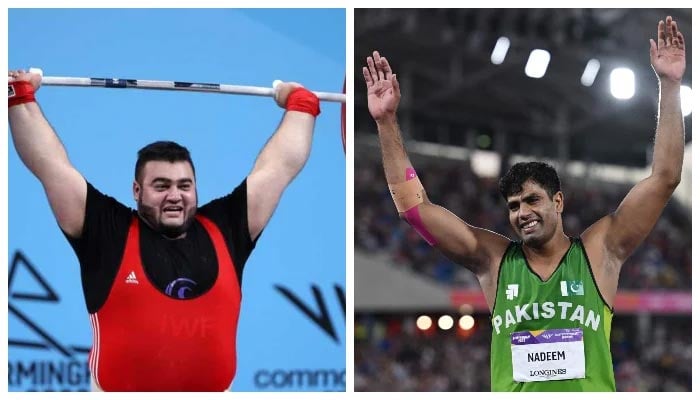 Commonwealth Games gold medalists Nooh Dastagir Butt (L) and Arshad Nadeem. — Twitter/AFP/File