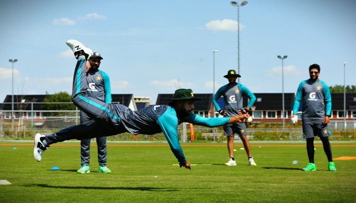 Pakistans Haris Rauf dives to take a catch during a practice session ahead of ODI series in Rotterdam. -Courtesy PCB