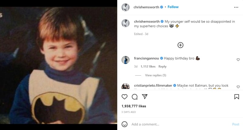 Chris Hemsworth jokes about his superhero choices with throwback childhood pic