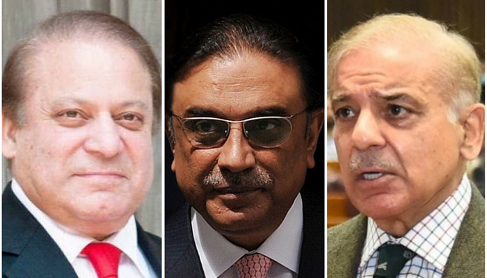 PML-N supremo Nawaz Sharif, former president Asif Zardari and Prime Minister Shahbaz Sharif.  — File