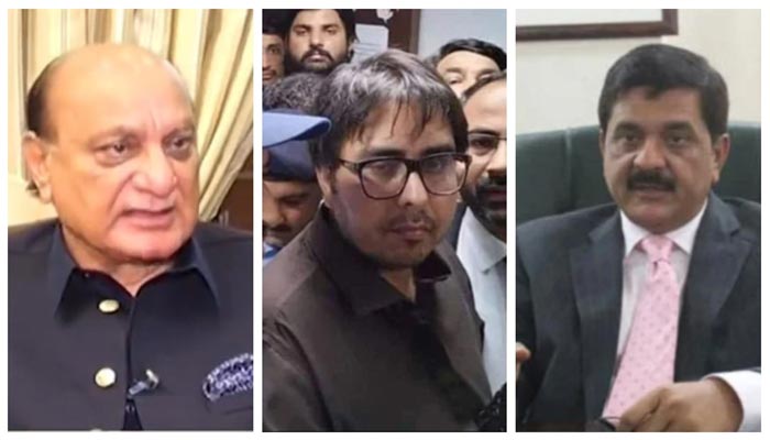 Punjab’s Minister of Parliamentary Affairs Raja Basharat (L), PTI leader Shehbaz Gill, and Punjabs Home Minister Hashim Dogar. — Twitter/Screengrab/File