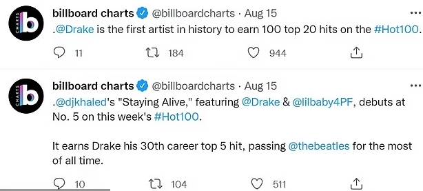 Drake beats The Beatles for most top five singles in the history of Billboard Hot 100