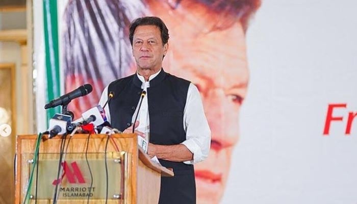 PTI chairperson Imran Khan addressing a seminar related to freedom of expression in Islamabad on August 18, 2022. — Instagram