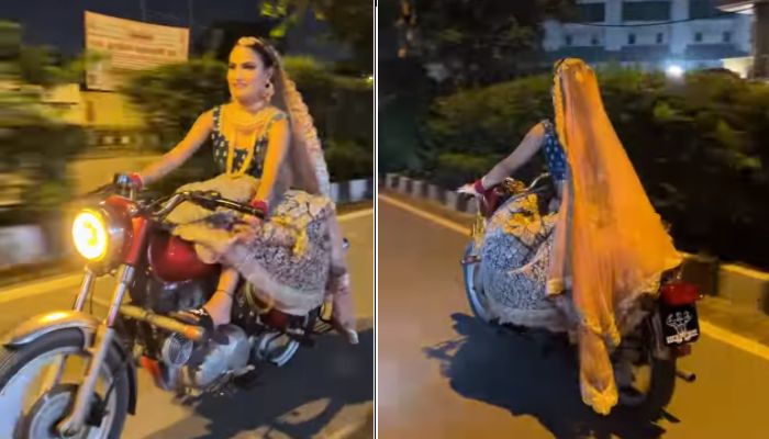 Vaishali Chaudhary rides with one hand as she fixes her dupatta and dress— Screengrab via Instagram