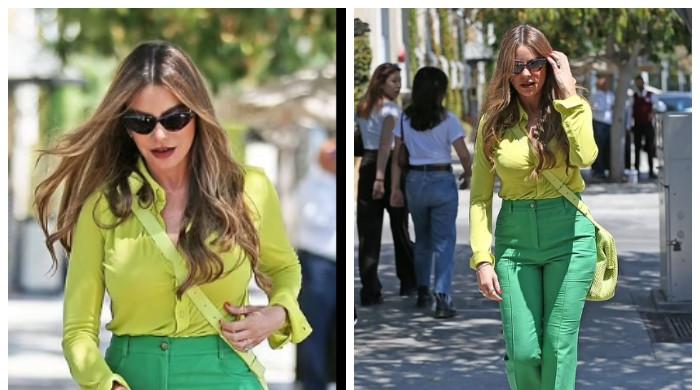 Sofia Vergara serves a killer look in green blouse and green pants  combination