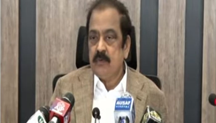 Minister for Interior Rana Sanaullah addressing a press conference in Islamabad on August 21, 2022. — Screengrab courtesy Youtube/HumNews