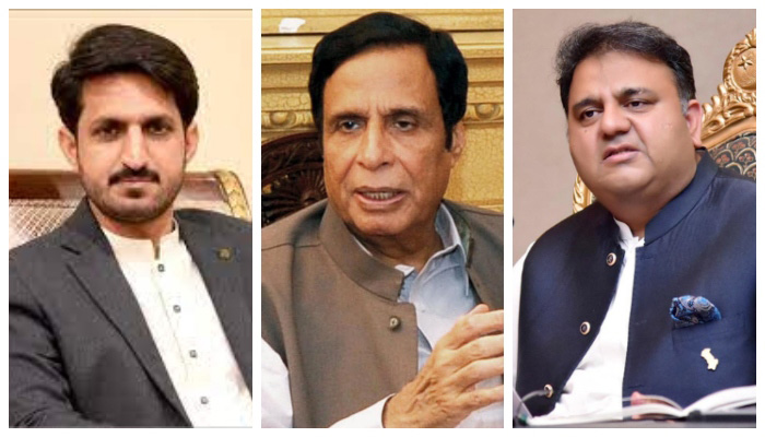 (L-R) Azhar Mashwani, CM Punjab Pervez Elahi and Fawad Chauhdry. File