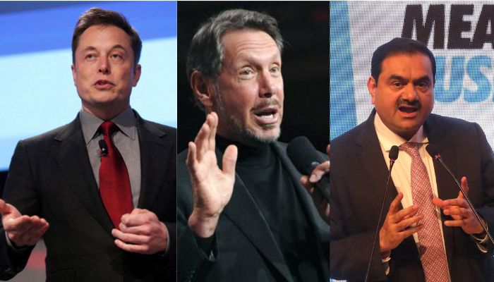 from left to right Elon Musk, Larry Ellison, Gautam Adani. — Reuters