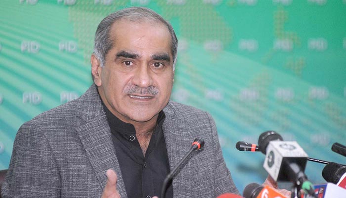 Federal Minister for Railways Khawaja Saad Rafique addressing a press conference at media centre PID. — APP