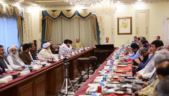 Prime Minister Shahbaz Sharif presides over the national flood emergency meeting in PM House. — PID
