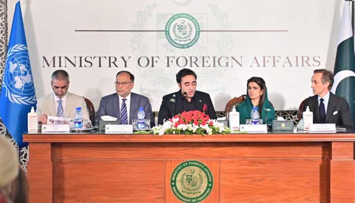 Foreign Minister Bilawal Bhutto Zardari at the launch ceremony of the 2022 Pakistan Floods Response Plan in Islamabad, on August 30, 2022. — PTV