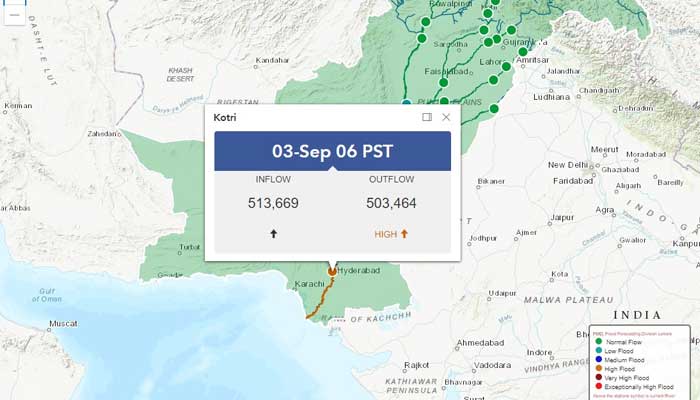 High flood will pass through Kotri Barrage today. Photo: Flood Forecasting Division